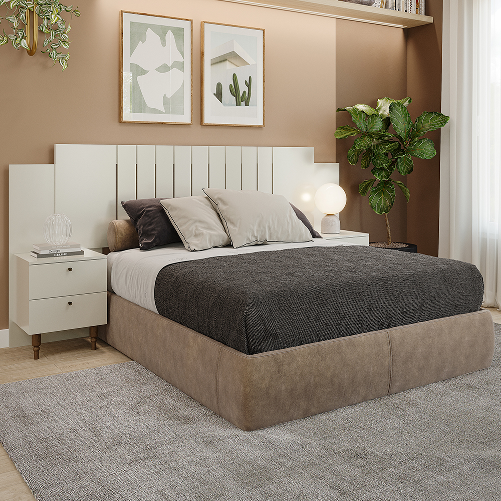 Cabeceira Casal Extensível até 160cm MDF com Mesa de Cabeceira Gênova Panan